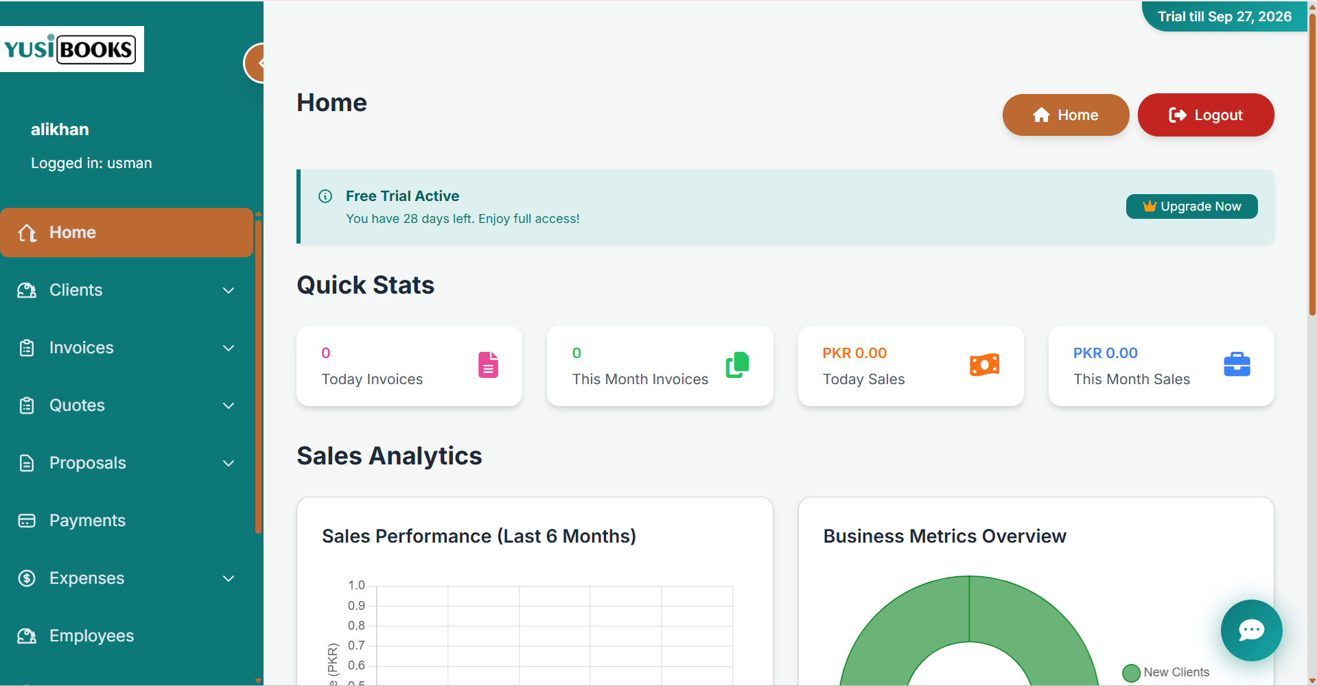 YusiBooks home dashboard with sales stats and analytics