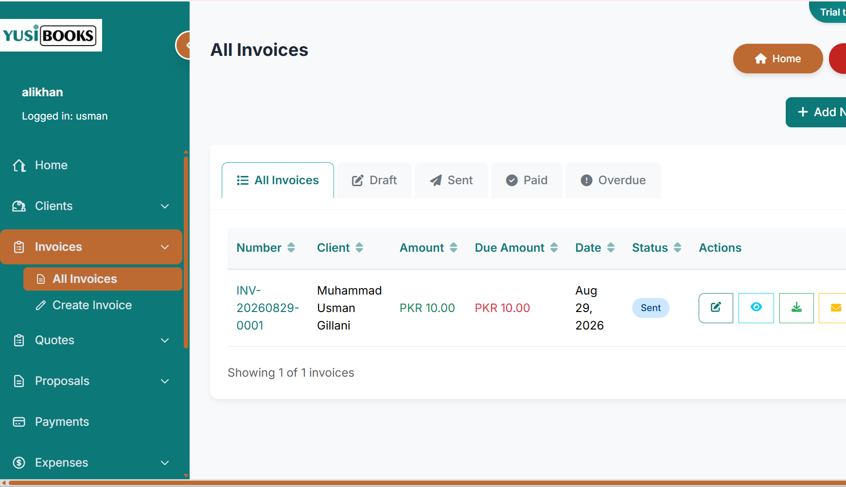 YusiBooks professional invoice