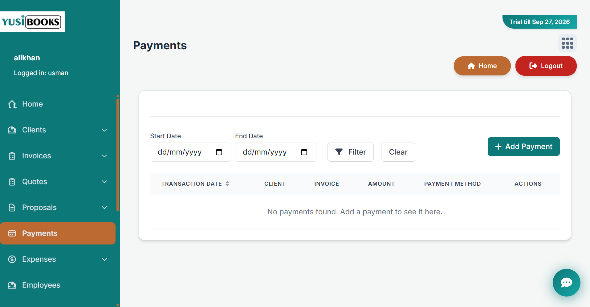 YusiBooks payments and cash flow